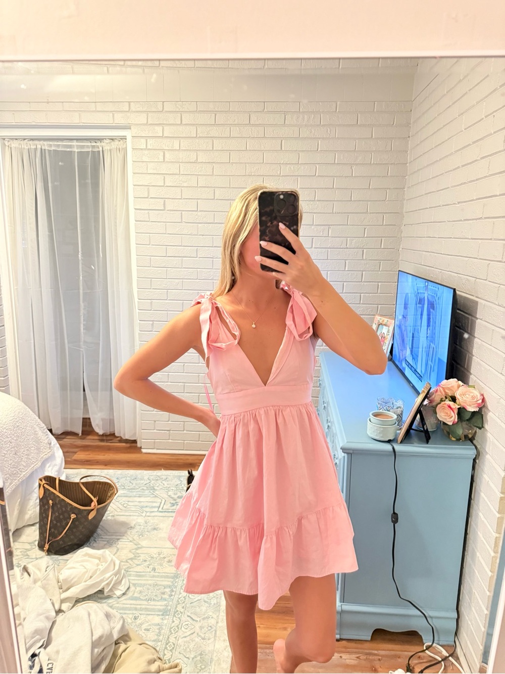 Beginning Boutique Soft Pink Tie-Shoulder V-Neck Mini Dress